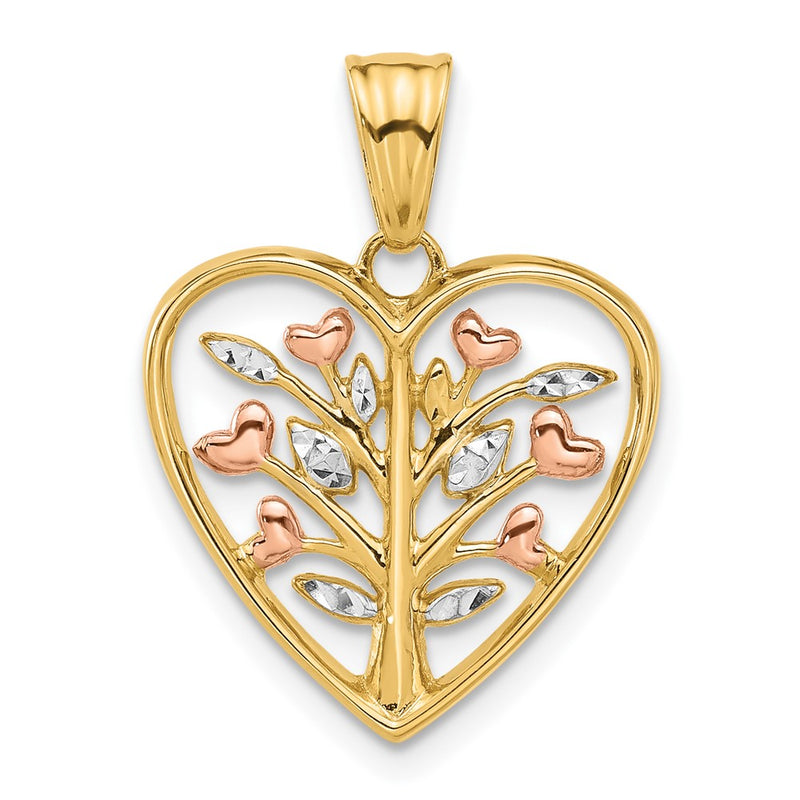 14K Yellow Gold -plated and Rhodium Diamond-cut Tree in Heart Pendant