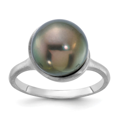 14K White Gold Brushed 10-11mm Round Black Tahitian Saltwater Cultured Pearl Ring