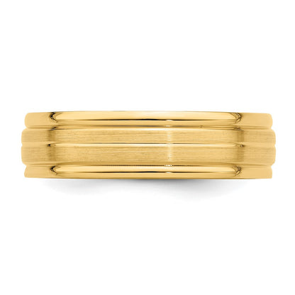 14K Yellow Gold 6mm Standard Weight Comfort Fit Brushed Satin with Center Line Fancy Wedding Band Ring