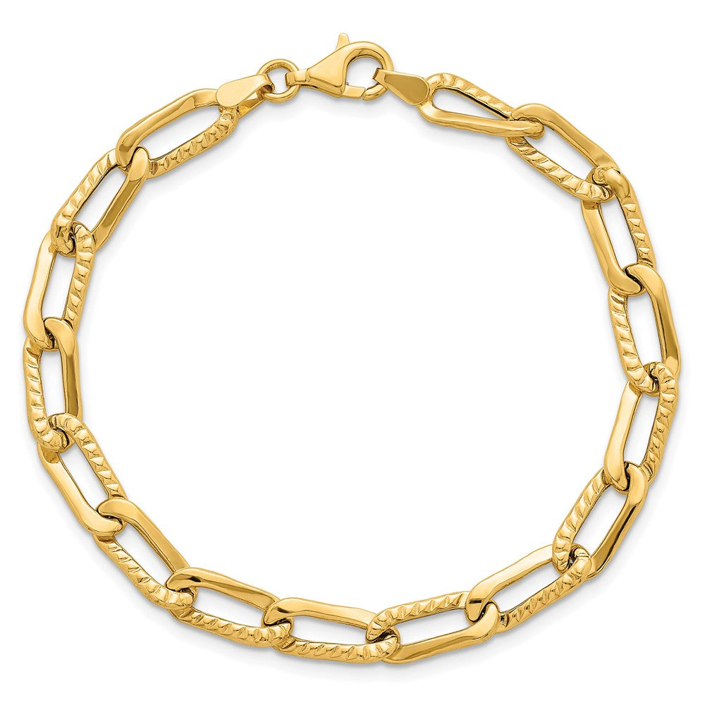 14K Yellow Gold Polished and Textured Fancy Long Link 7.5 Inch Bracelet