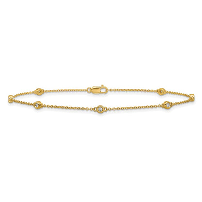 14K Yellow Gold Complete 1/6 carat Bezel-set Diamond and Cable Chain 7-Station 9 Inch Anklet
