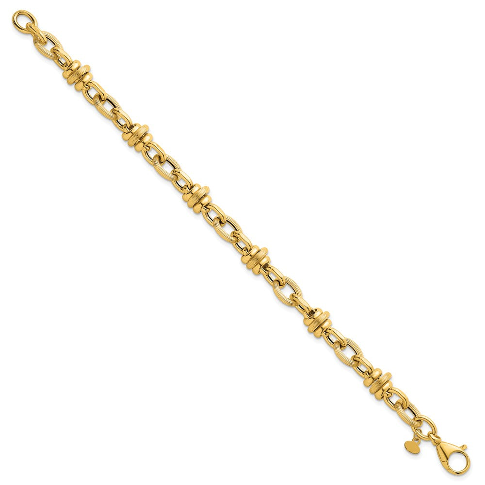 14K Yellow Gold Polished and Textured Round and Oval Fancy Chain 7.5 Inch Bracelet