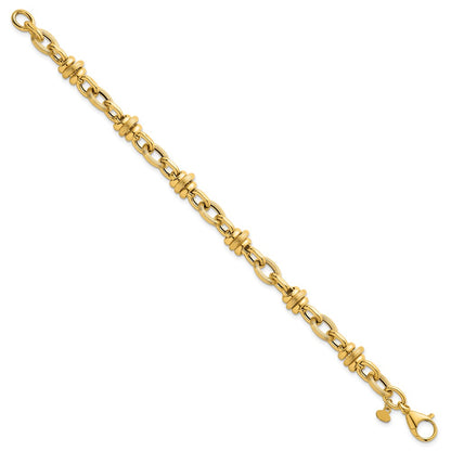 14K Yellow Gold Polished and Textured Round and Oval Fancy Chain 7.5 Inch Bracelet