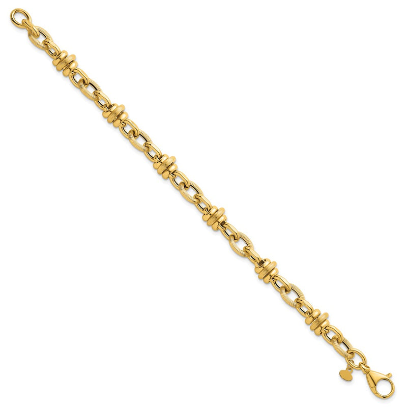 14K Yellow Gold Polished and Textured Round and Oval Fancy Chain 7.5 Inch Bracelet