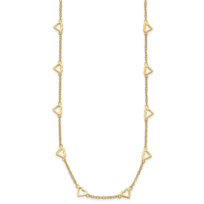 14K Yellow Gold Polished Open Hearts with Heart Link Chain 24 Inch Station Necklace