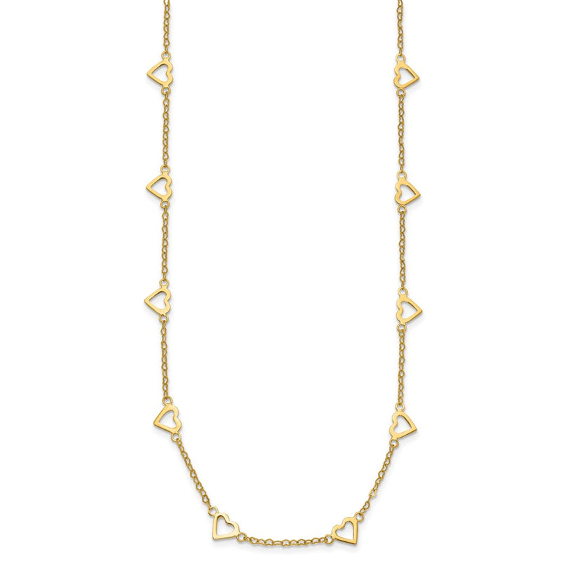 14K Yellow Gold Polished Open Hearts with Heart Link Chain 24 Inch Station Necklace