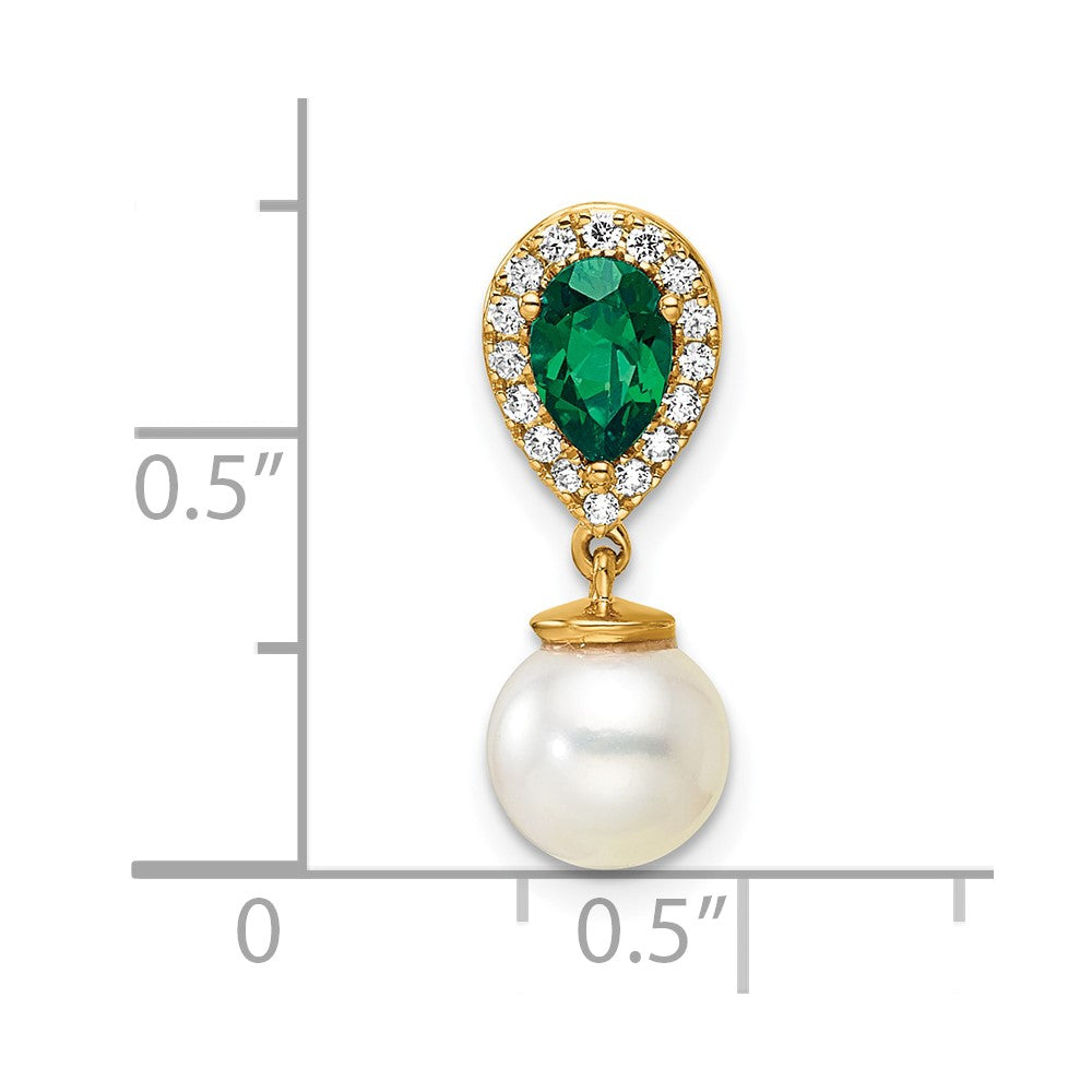 14K Yellow Gold 6-7mm Round Freshwater Cultured Pearl/Pear Emerald/Diamond Teardrop Chain Slide