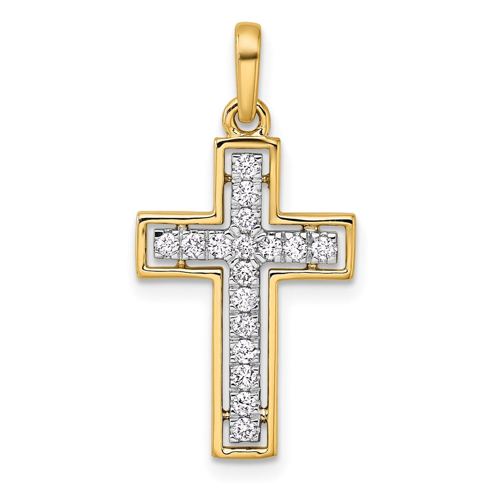 14K Yellow Gold and Rhodium 1/4 carat Diamond Cross Pendant