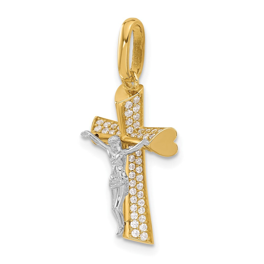 14K Two-Tone Gold Two-tone Polished CZ Crucifix with Heart Ends Pendant