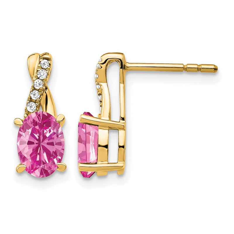 14K Yellow Gold 7x5 Oval October/Lab Created Pink Sapphire and Diamond Post Earrings