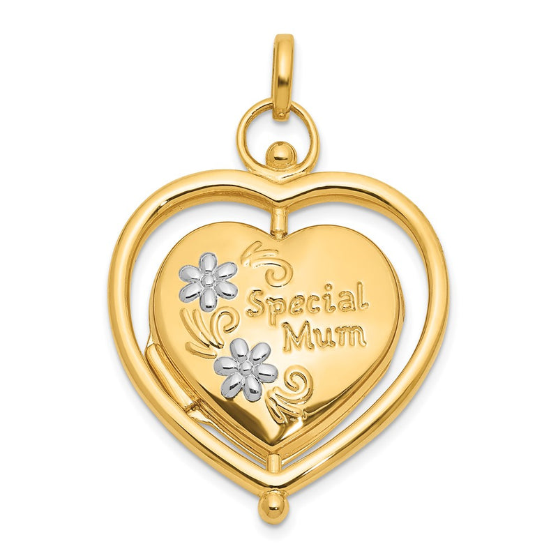 14K Yellow Gold and Rhodium Floral SPECIAL MUM and Tree in Spinning Frame Reversible 15mm Heart Locket
