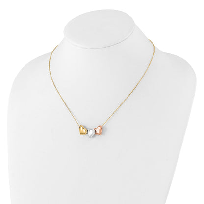 14K Tri-Color Gold Tri-color Polished Three Hearts 17 Inch Necklace Plus 1 Inch Extender
