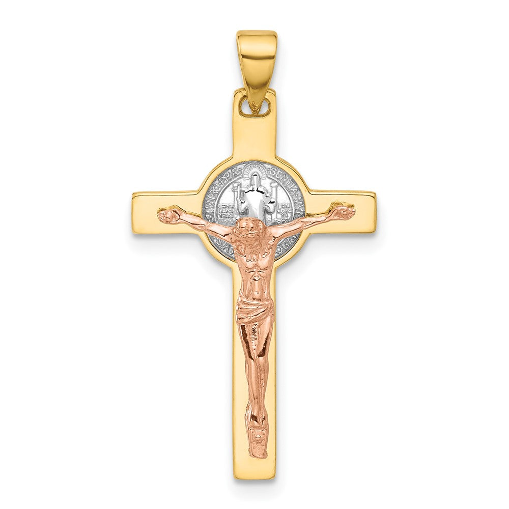 14K Two-Tone Gold Two-tone with Rhodium Crucifix and St Benedict Pendant