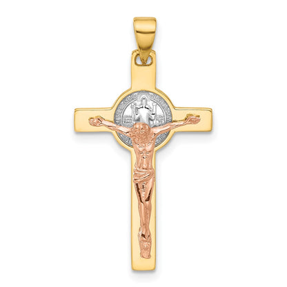 14K Two-Tone Gold Two-tone with Rhodium Crucifix and St Benedict Pendant