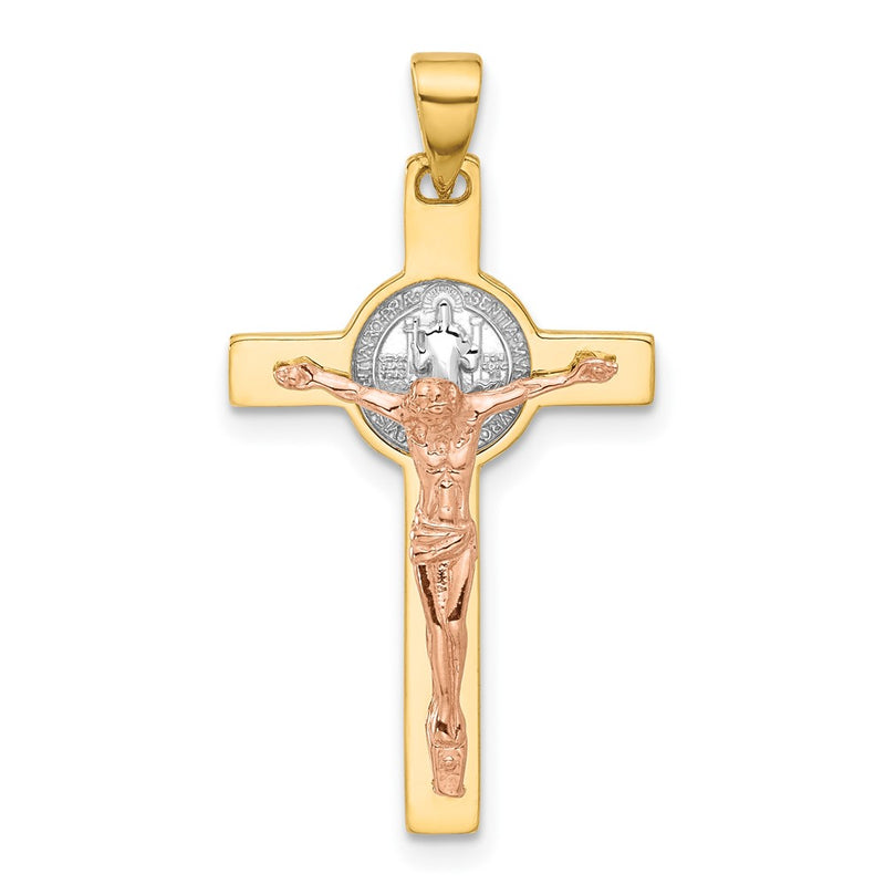 14K Two-Tone Gold Two-tone with Rhodium Crucifix and St Benedict Pendant