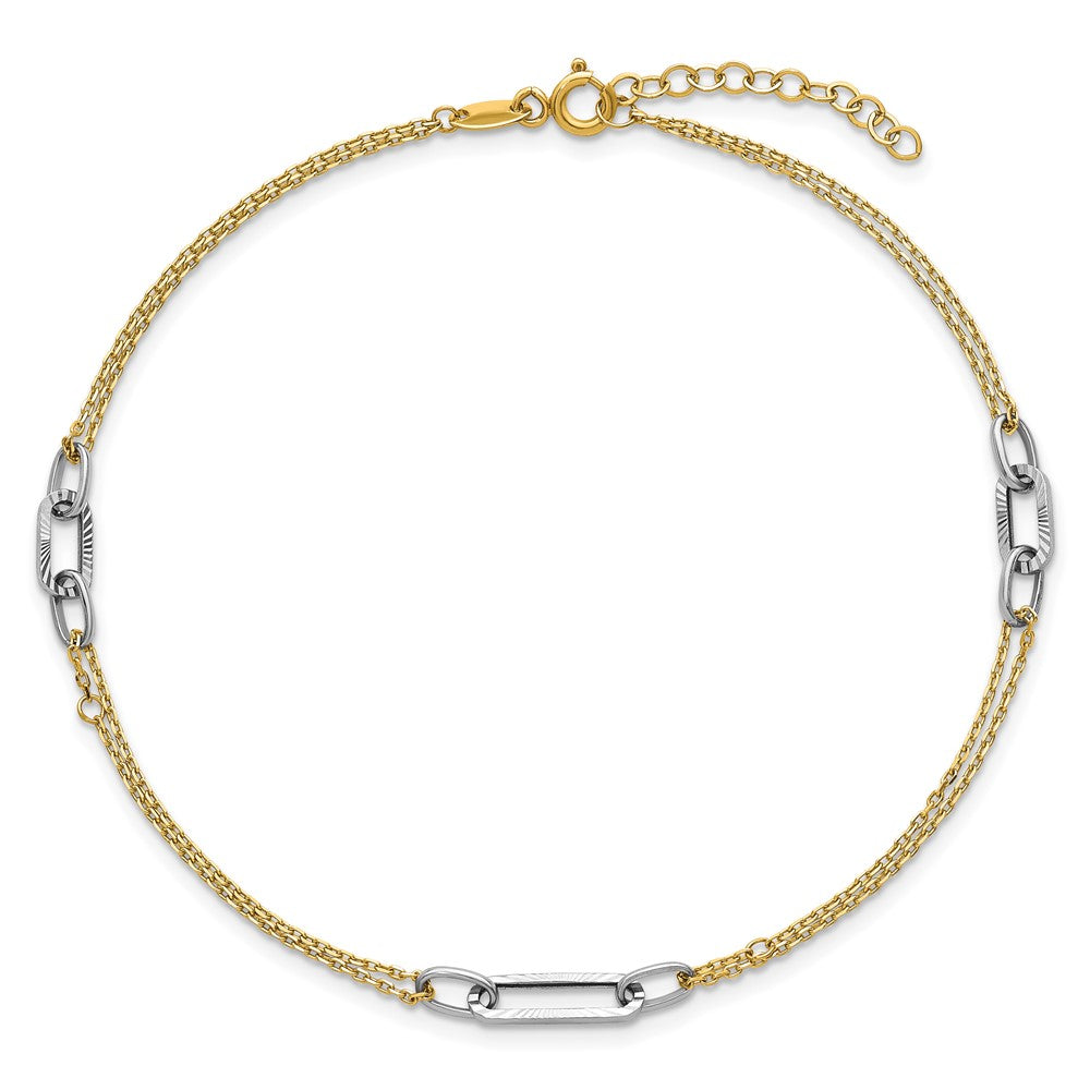 14K Two-Tone Gold Two-tone Polished Diamond-cut 3-Station Plus Extender Total Chain Anklet
