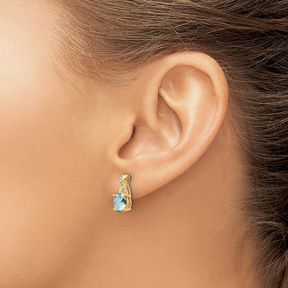 14K Yellow Gold 7x5 Oval March/Aquamarine and Diamond Post Earrings