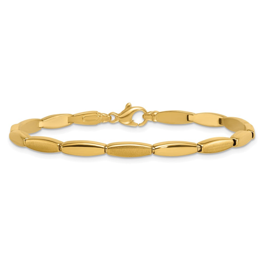 14K Yellow Gold Brushed and Polished 4mm Fancy Oval Bar Link 7.5 Inch Bracelet