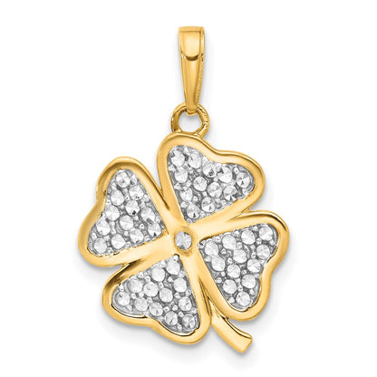 14K Yellow Gold and Rhodium Polished and Diamond-cut 4-Leaf Clover Pendant