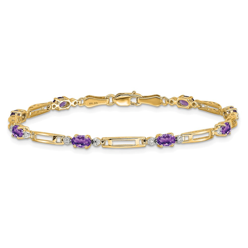 14K Yellow Gold Complete Diamond and Oval Amethyst Fancy Link 7 Inch Bracelet