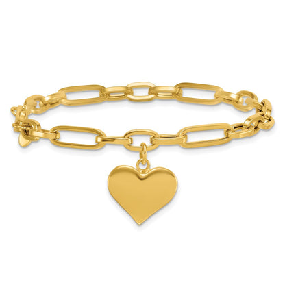 14K Yellow Gold Polished Paperclip Figaro Link With Puffed Heart Dangle 7.5 Inch Bracelet