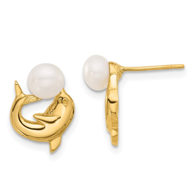 14K Yellow Gold 5-6mm Button Freshwater Cultured Pearl Dolphin Post Earrings
