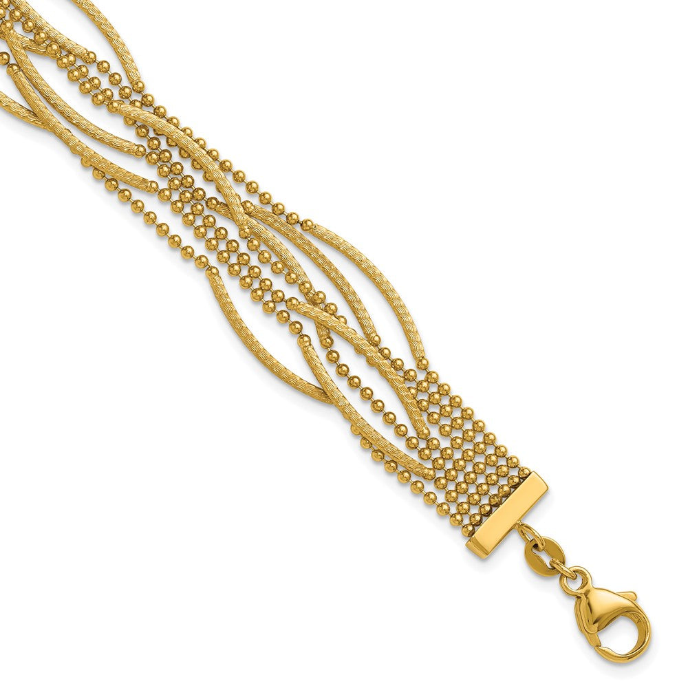 14K Yellow Gold Polished and Textured Multi Strand Beaded Chain Bracelet