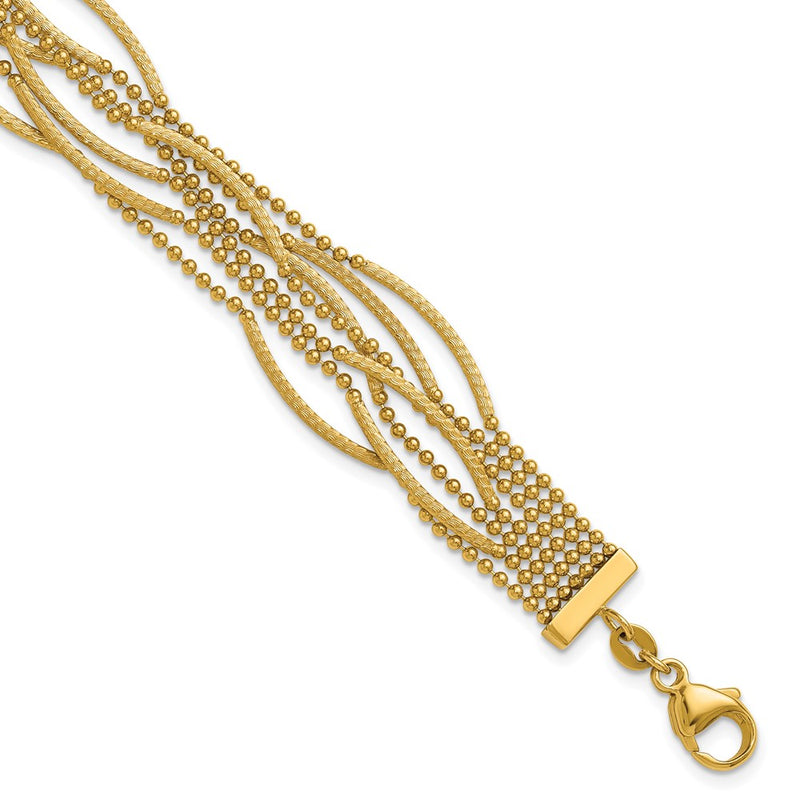 14K Yellow Gold Polished and Textured Multi Strand Beaded Chain Bracelet
