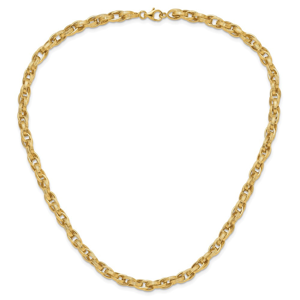 14K Yellow Gold Polished and Grooved 6mm Fancy Oval Link 18 Inch Necklace