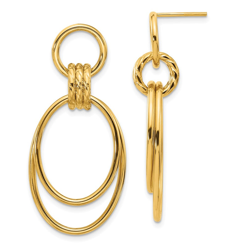 14K Yellow Gold Polished and Textured Oval Dangle Post Earrings