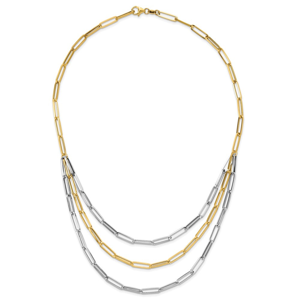 14K Two-Tone Gold Two-tone Polished Fancy Paperclip Link 3-Strand Bib 18.25 Inch Necklace