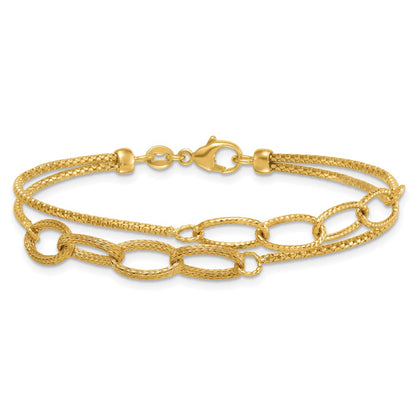 14K Yellow Gold Polished and Textured Woven Double Strand with Oval Links 7.25 Inch Bracelet
