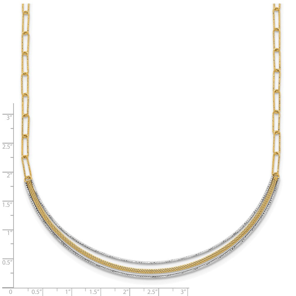 14K Two-Tone Gold Textured Woven Curved Bar with Long Link 17 Inch Necklace Plus 2 Inch Extender