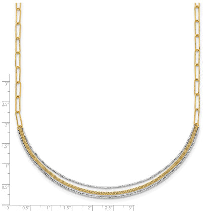 14K Two-Tone Gold Textured Woven Curved Bar with Long Link 17 Inch Necklace Plus 2 Inch Extender