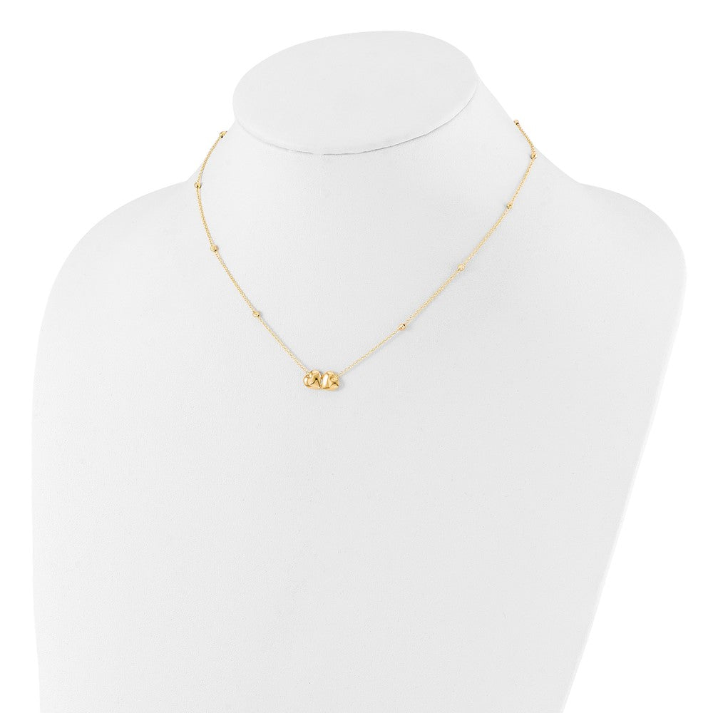14K Yellow Gold Polished Double Heart with Diamond-cut Beads 16 Inch Necklace Plus 2 Inch Extender