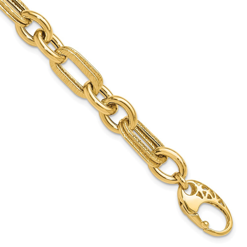 14K Yellow Gold Polished and Textured 7.7mm Fancy Link 7.5 Inch Bracelet