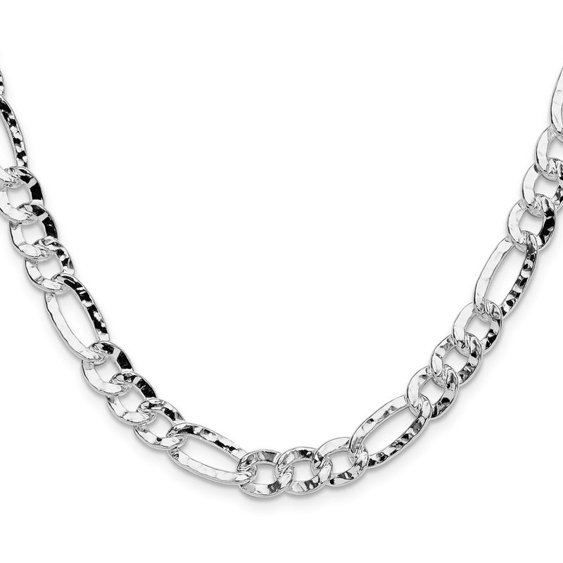 Sterling Silver 7.6mm Hammered Figaro 24 Inch Chain