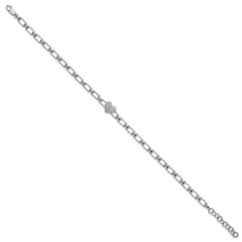 14K White Gold Polished Complete 1/6 carat Diamond Heart Cluster Fancy Link 7 Inch Bracelet with 1 Inch Extender