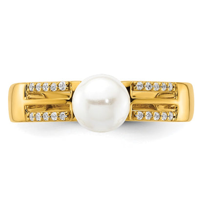 14K Yellow Gold Polished 1/15 carat Diamond and Freshwater Cultured Pearl Size 7 Ring