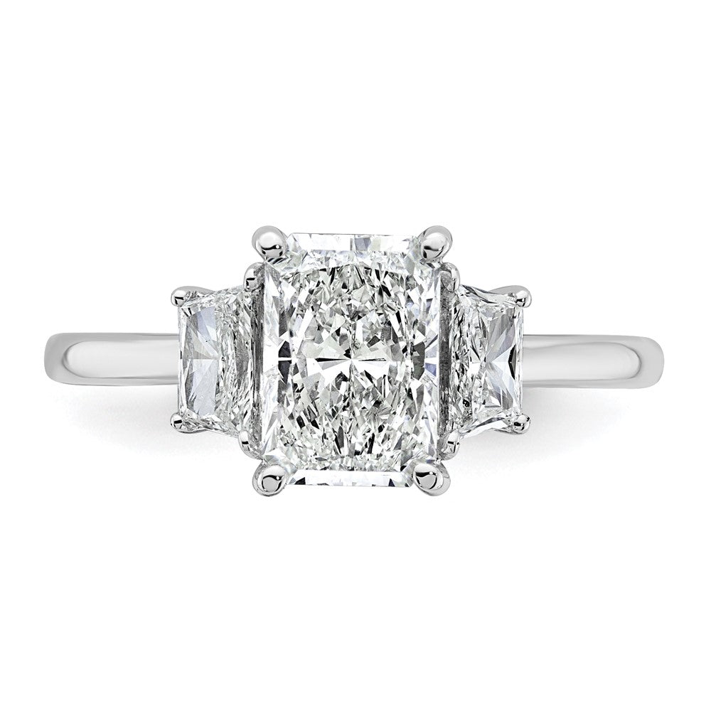 14K White Gold 1/2 carat Lab Grown Diamond VS+ F+ Trapezoid 1 1/2 carat Radiant Center Semi Mount Three Stone Engagement Ring