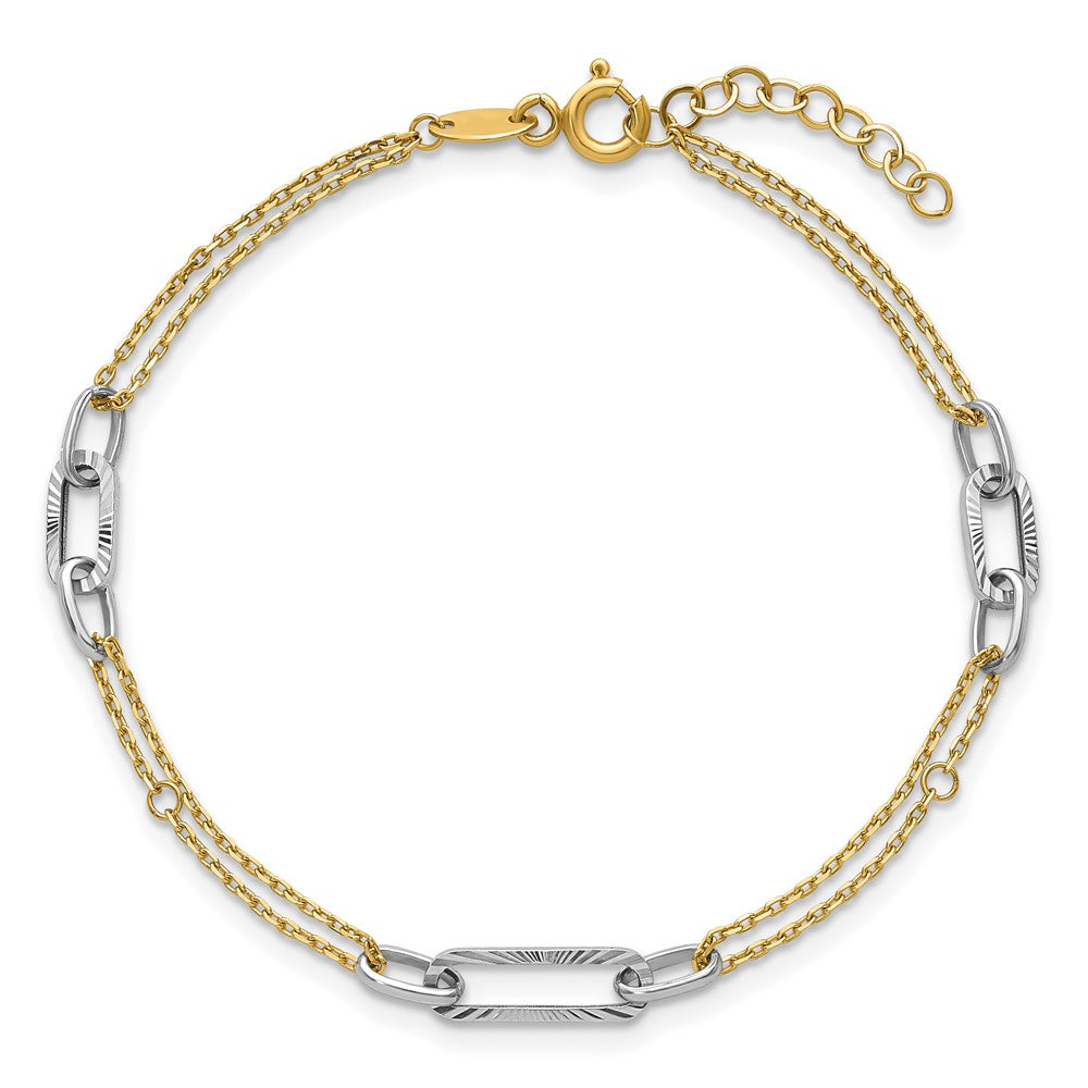 14K Two-Tone Gold Two-tone Polished and Diamond-cut 3-Station 6.5 Inch Bracelet Plus 0.75 Inch Extender