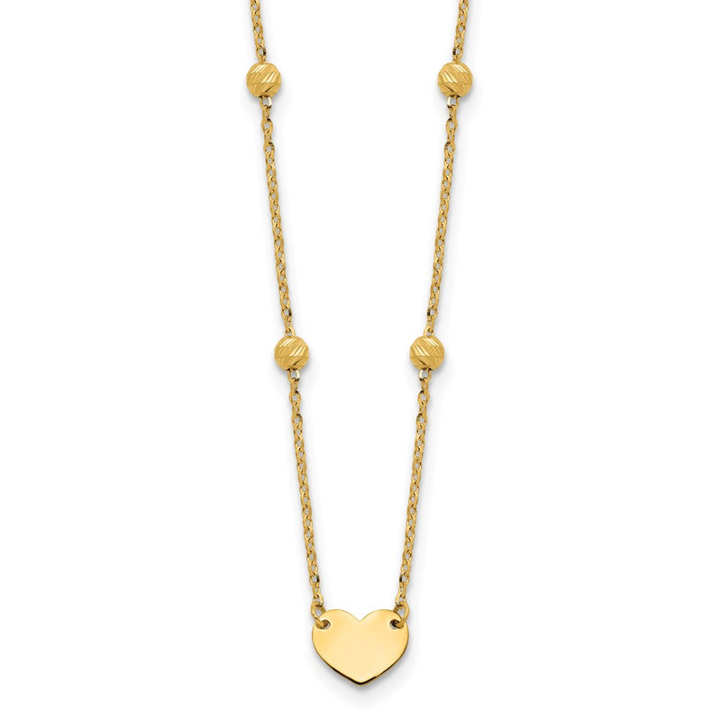 14K Yellow Gold Polished Heart and Diamond-cut Beads 15.5 Inch Necklace Plus 2 Inch Extender