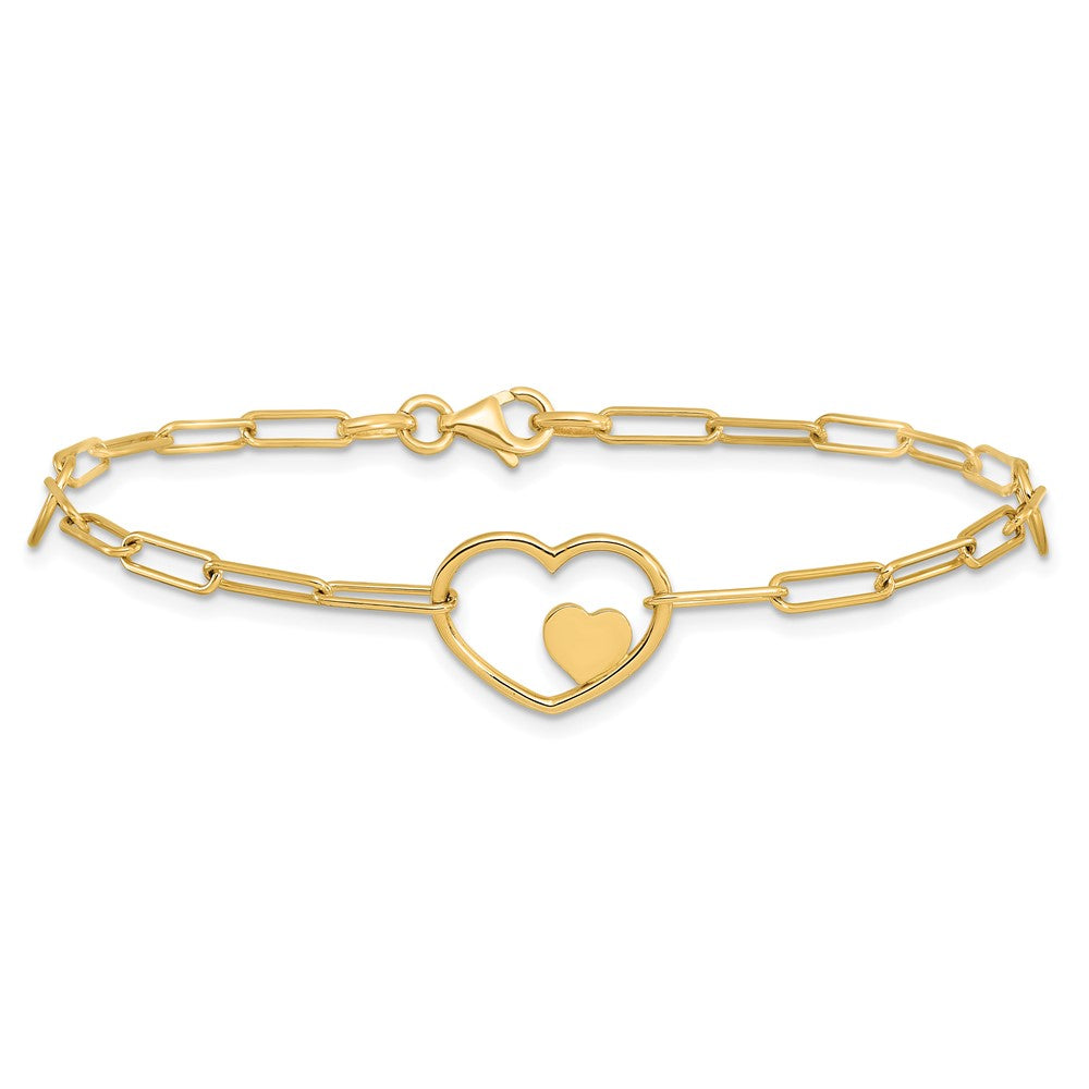 14K Yellow Gold Double Hearts and Paperclip Links Chain Bracelet