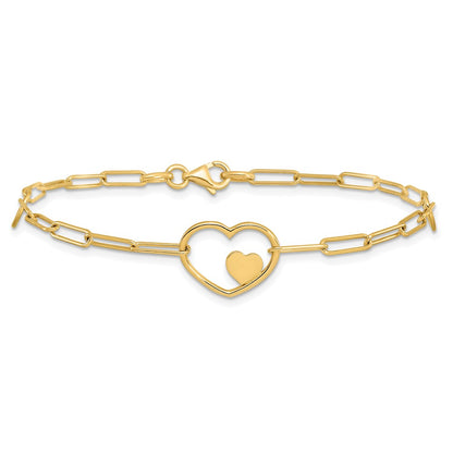14K Yellow Gold Double Hearts and Paperclip Links Chain Bracelet