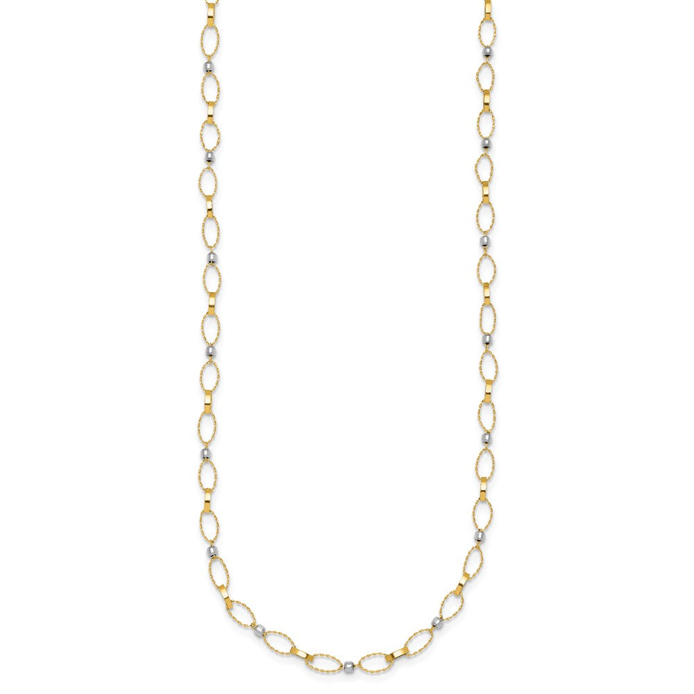 14K Two-Tone Gold Two-tone Polished and Twisted Fancy Oval Links and Faceted Beads 18 Inch Necklace