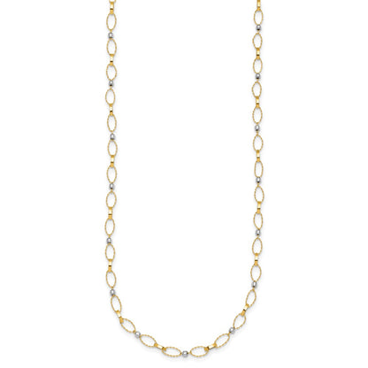 14K Two-Tone Gold Two-tone Polished and Twisted Fancy Oval Links and Faceted Beads 18 Inch Necklace