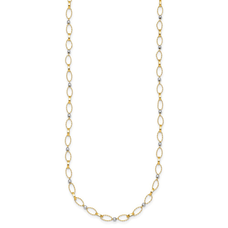 14K Two-Tone Gold Two-tone Polished and Twisted Fancy Oval Links and Faceted Beads 18 Inch Necklace