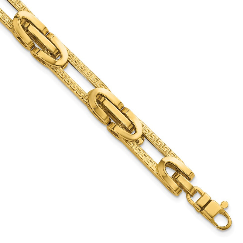14K Yellow Gold Polished and Textured 7.6mm Fancy Greek Key Design Oval Link 7.25 Inch Bracelet