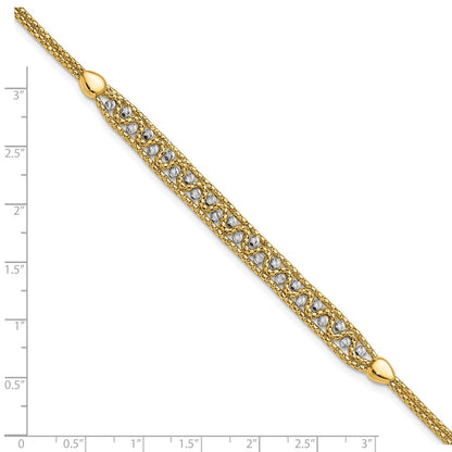 14K Two-Tone Gold Textured Diamond-cut 7mm Beaded Chain Bracelet Plus Extender