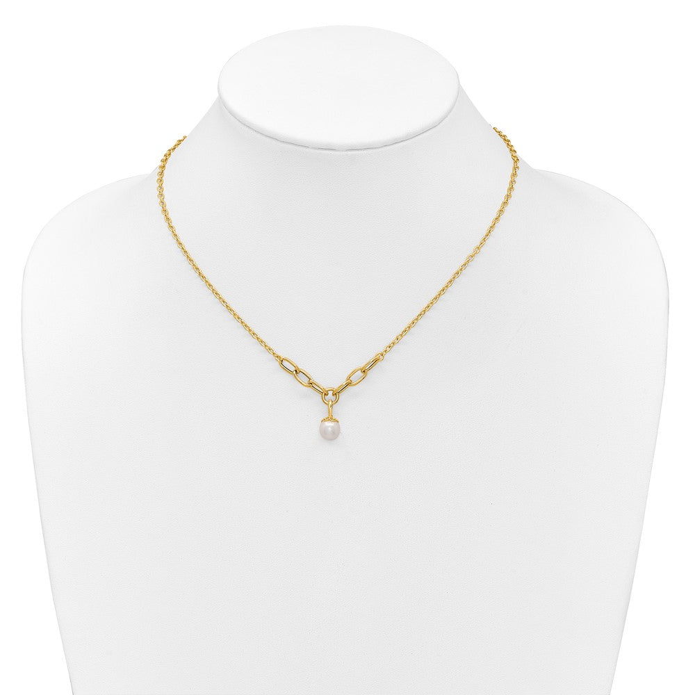 14K Yellow Gold Polished 8-9mm Near Round Freshwater Cultured Pearl Dangle 16.75 Inch Necklace